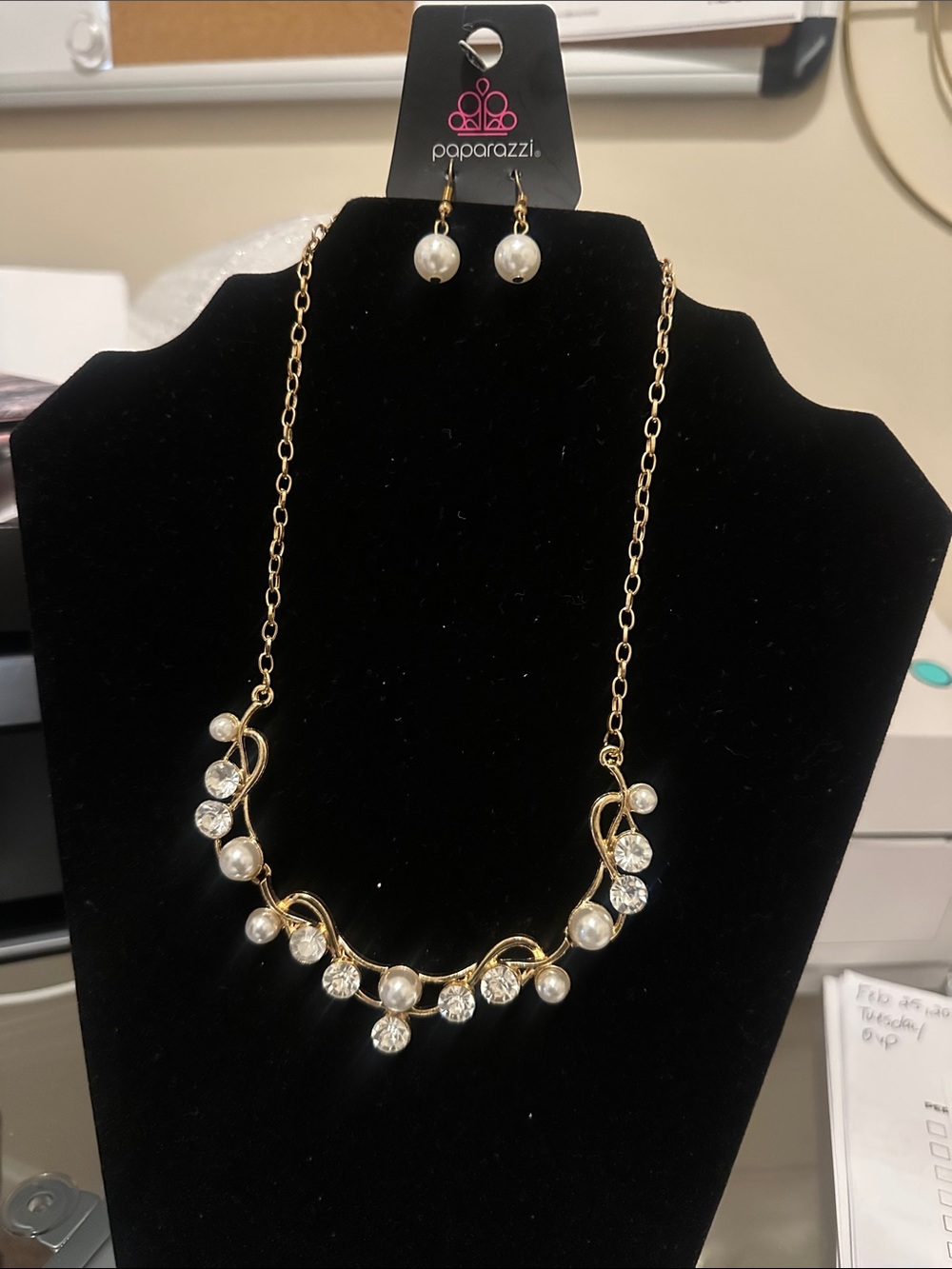 paparazzi Gold Pearl and Crystal Draped Necklace Set